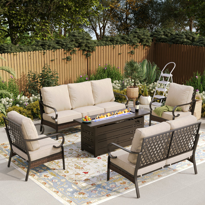 7 - Person Outdoor Furniture Sets With Fire Pit Table, Black/Beige/Black