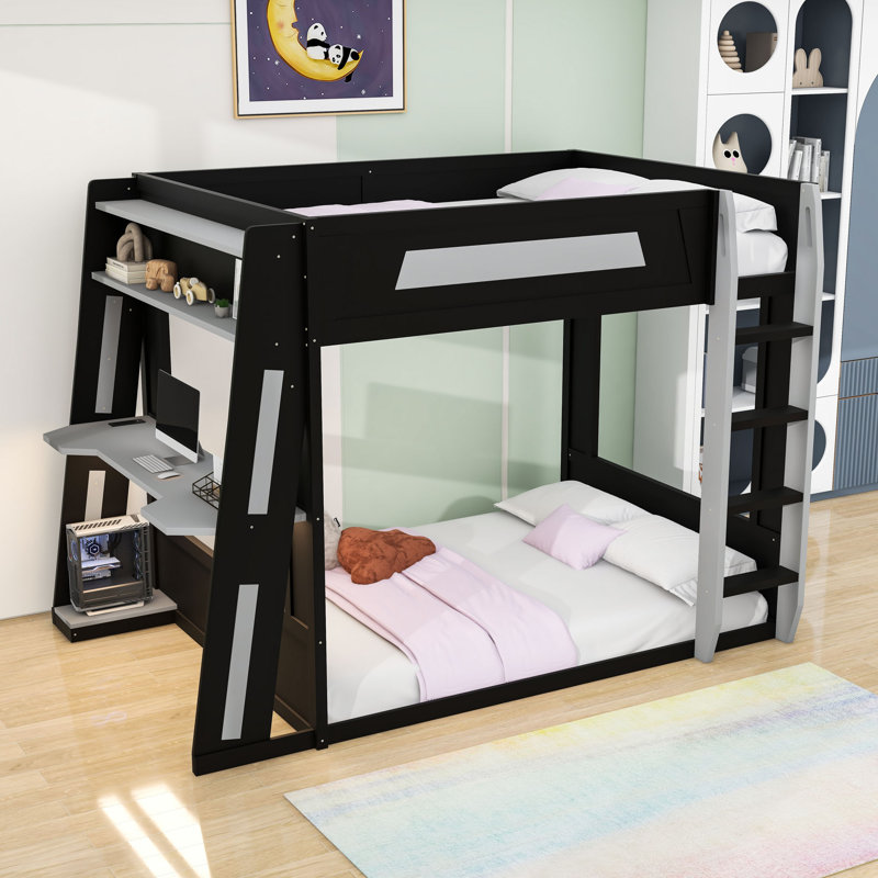 Bunk Bed With Desk, Storage Shelves USB And LED Light, Gray, Queen