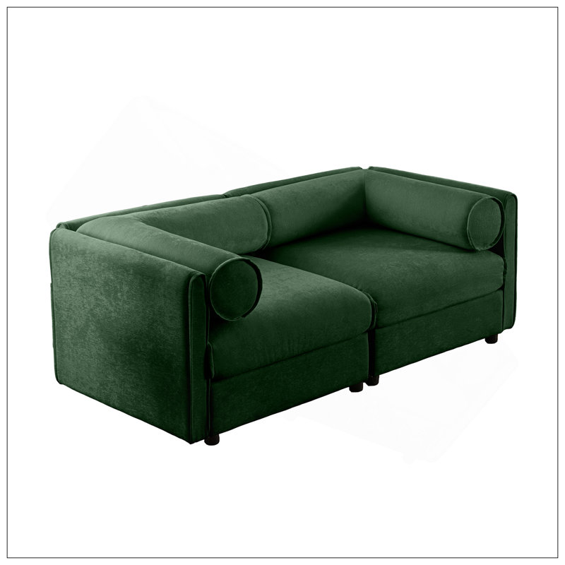 Élégant canapé 2 places en chenille verte avec siège de rangement, dossier cylindrique et accoudoirs, causeuse moderne en tissu avec espace de rangement caché