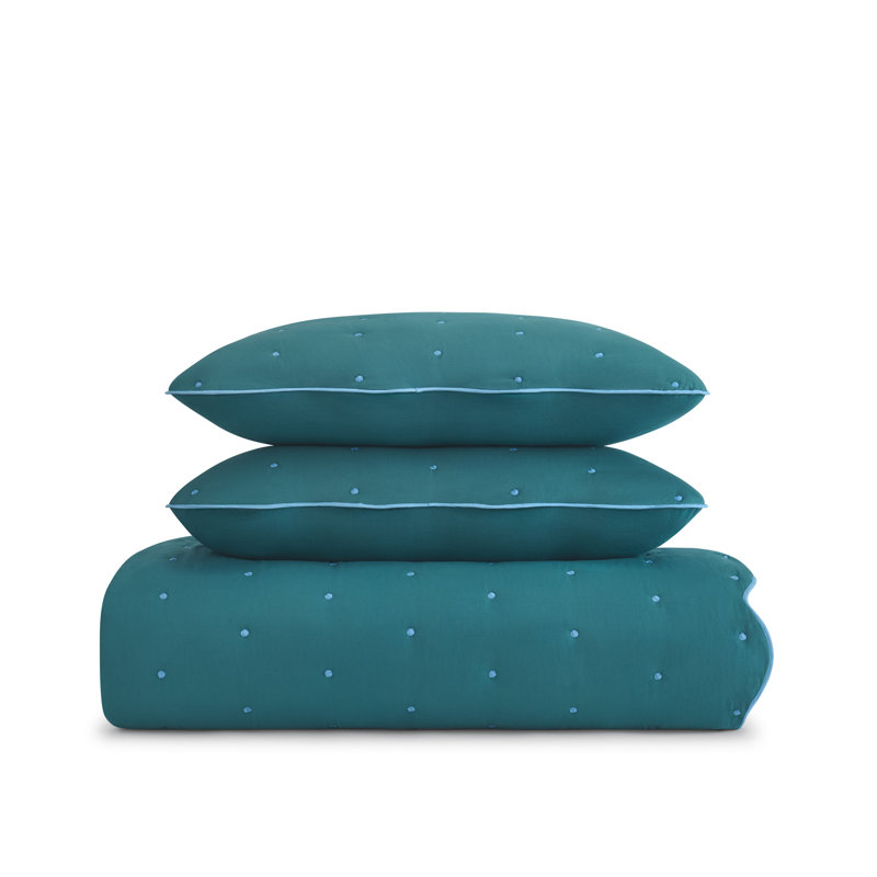kate spade new york Scalloped Edge 3-Piece King Quilt Bedding Set, 100% Cotton Voile Reversible Cover, All Season Bedding, Machine Washable, Blue Spruce