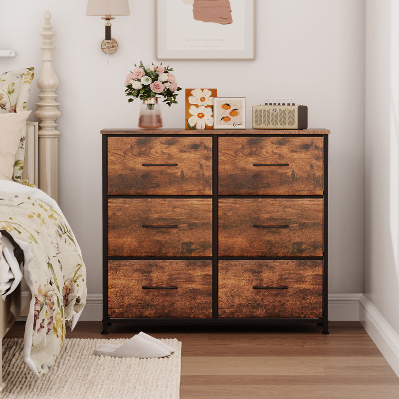  Commode 6 tiroirs en tissu large, commode horizontale avec structure en métal robuste, armoire de rangement pour le vestibule de la chambre à coucher, imprimé grain de bois