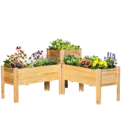 Raised Garden Bed Trio, Wooden Elevated Planter Boxes With Legs And Liners. For Backyard Patio. Grow Veggies, Herbs, Flowers. Natural Wood. Breathable, Regulation. Wood Construction. Customizable