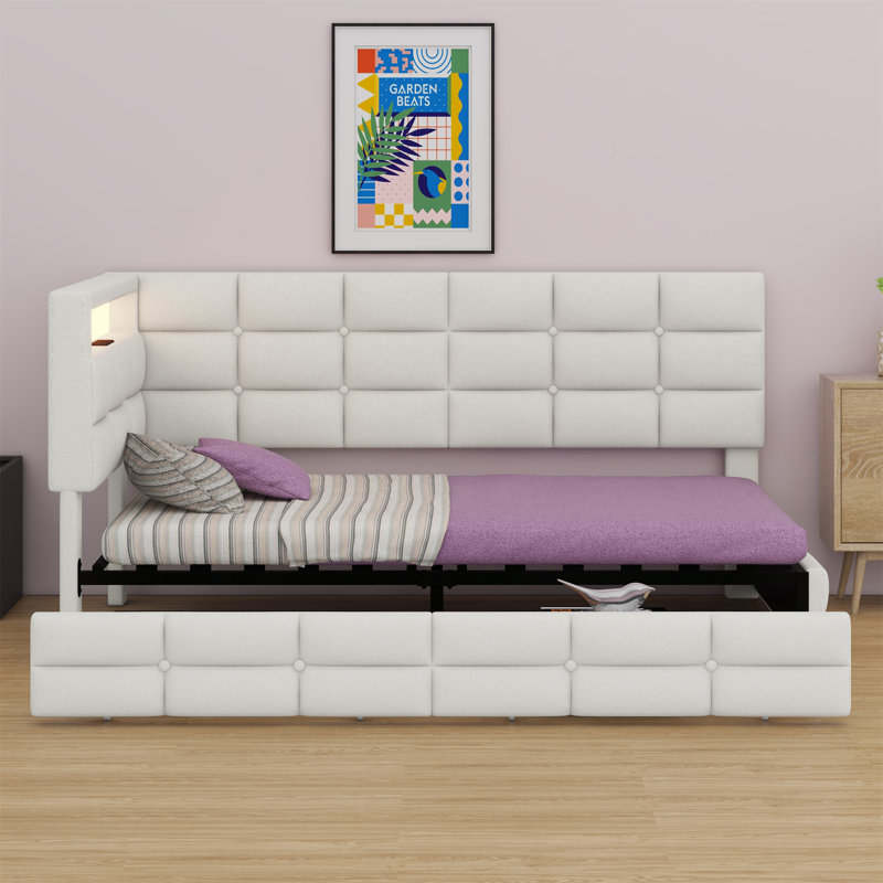 Upholstered Daybed With Storage 2 Drawers And Charging Station, Day Bed Frame With LED Lights And Storage Headboard, Beige