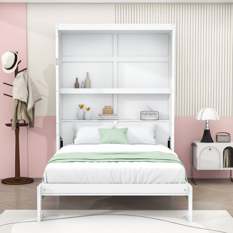 Armoire lit escamotable Murphy avec tablettes intégrées et relevage hydraulique, Lit double, Blanc