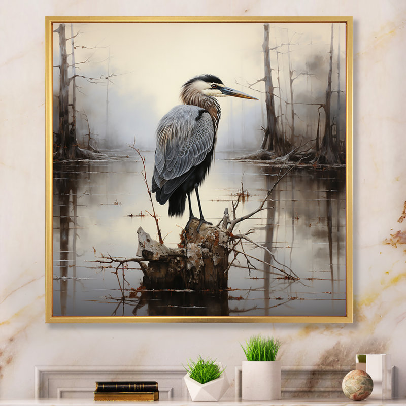 Heron Solitary Reflections Pointillism I - Animals Canvas Print, Cadre flottant doré, H 30 po x l 30 po x P 1 po