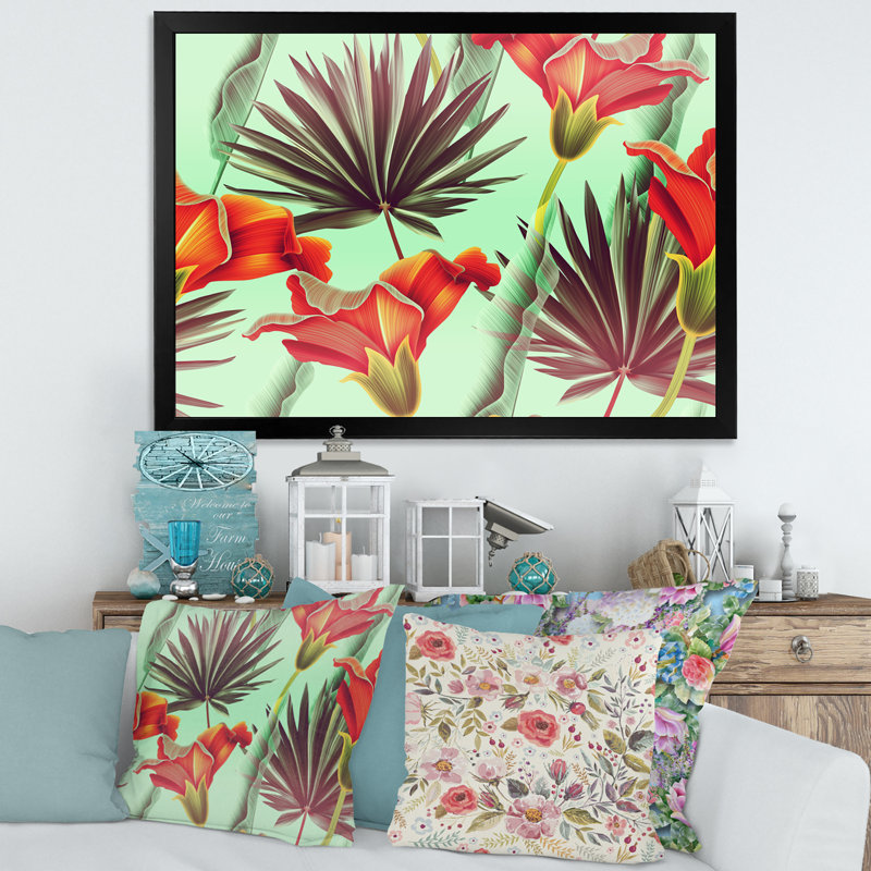 Fleurs tropicales rétro - impression sur toile, H 24 po x l 32 po x P 1 po, Cadre photo noir