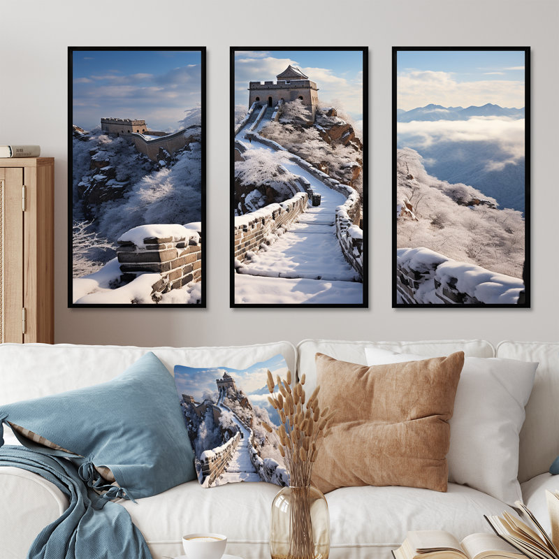 Grande muraille de Chine en hiver II - Art mural au Japon, Cadre flottant noir, H 28 po x l 36 po x P 1 po