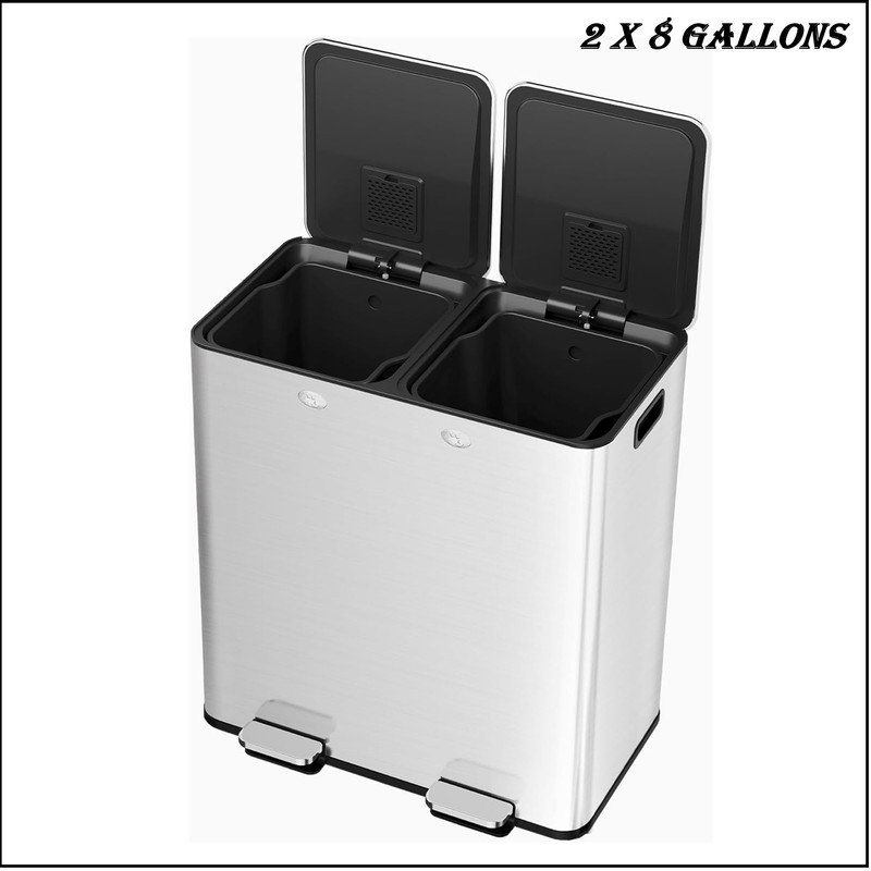 Large Dual Trash Can 2 x 8 Gallons with Plastic Inner Buckets - 60 Litres Stainless Steel Kitchen Double Trash Can,2 Compartment Trash Can Combo Garbage Bin with Separated Lid and Foot Pedal for Kitchen