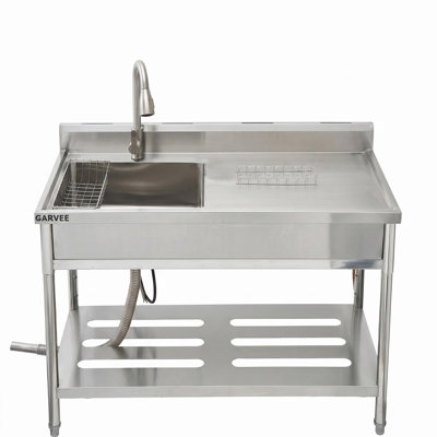 47"x22"x37" Freestanding Stainless Steel Utility Sink – Hot & Cold Pull‑Out Faucet, Large Capacity Laundry Sink with Storage Shelf & Drain Kit – For Garage, Kitchen, Backyard & Commercial Use