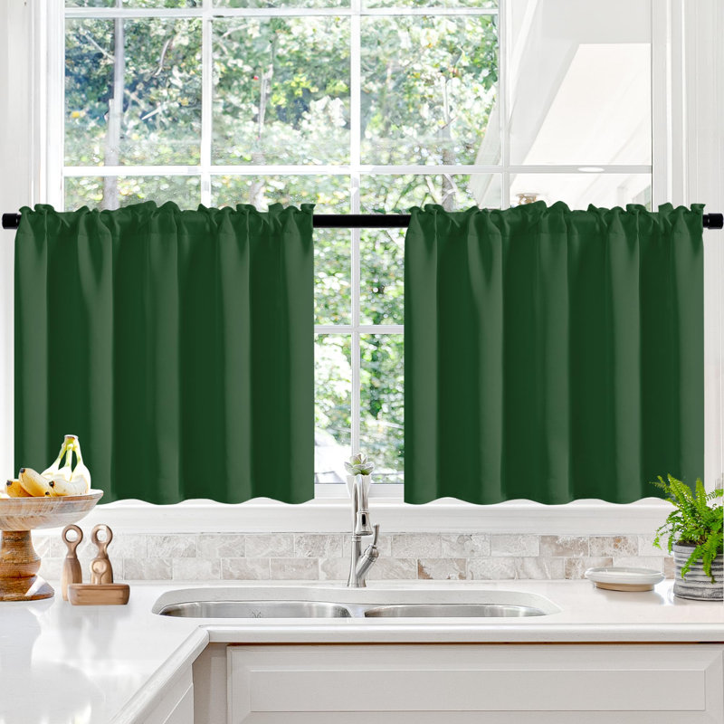 Short Room Darkening Thermal Insulated Window Curtains (Set of 2), Dark Green, 52" W x 24" L