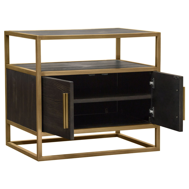 Table de chevet 26 po Chek, 2 portes, 1 tablette, brun foncé, acier argenté, Brun / or