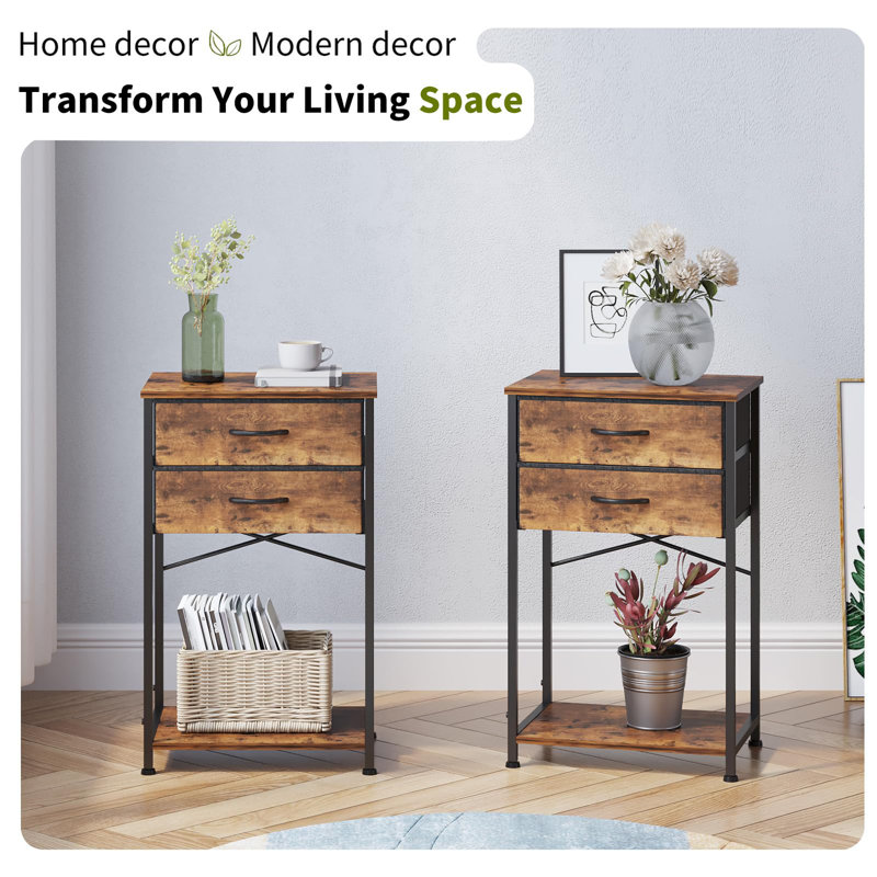  3-Tier Side Table, Multi-Functional Storage With Fabric Drawer, Brown, Ideal For Printer Stand, Bedside Table, And Sofa Table