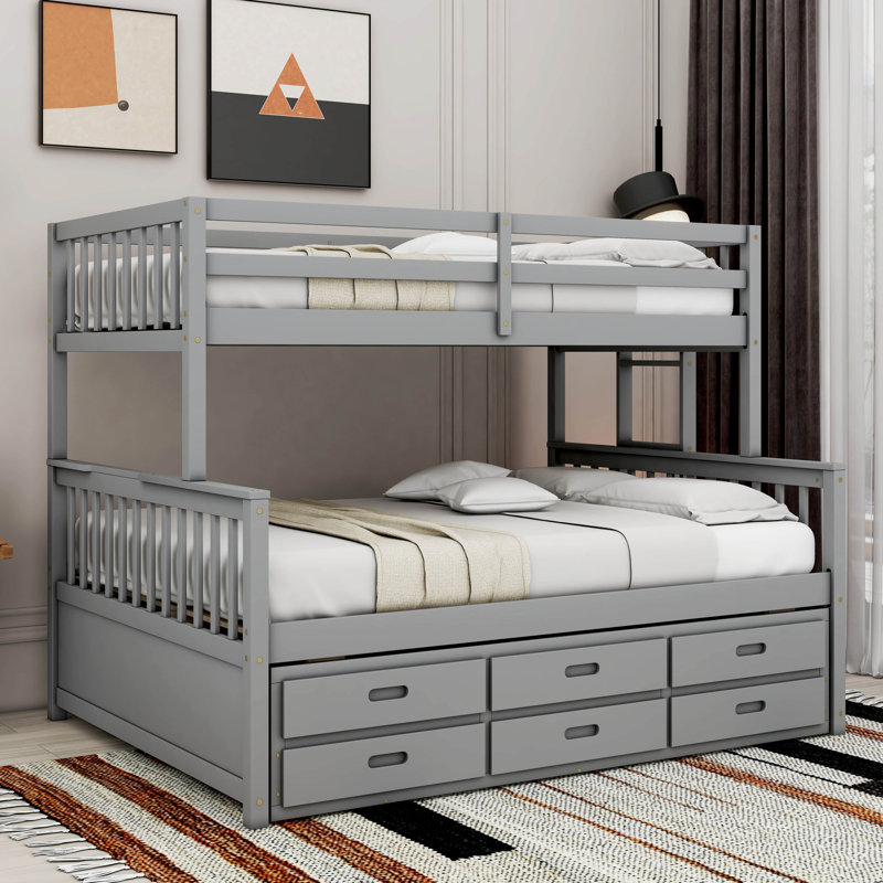 Kids Twin Over Full Bunk Bed with Trundle with Drawers, Gray