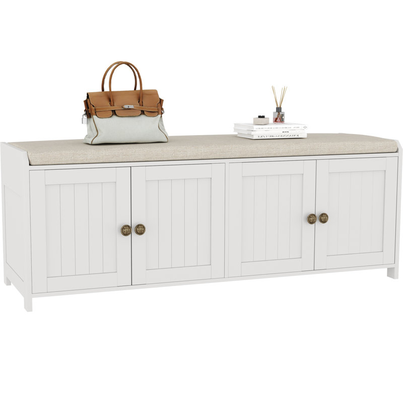 Banc de rangement pour chaussures avec coussin, banc d'entrée pour armoire à chaussures avec 4 portes, Blanc