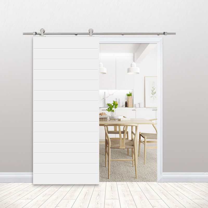 Porte de grange lambrissée en bois manufacturé et en métal peint avec trousse de quincaillerie d'installation, Blanc