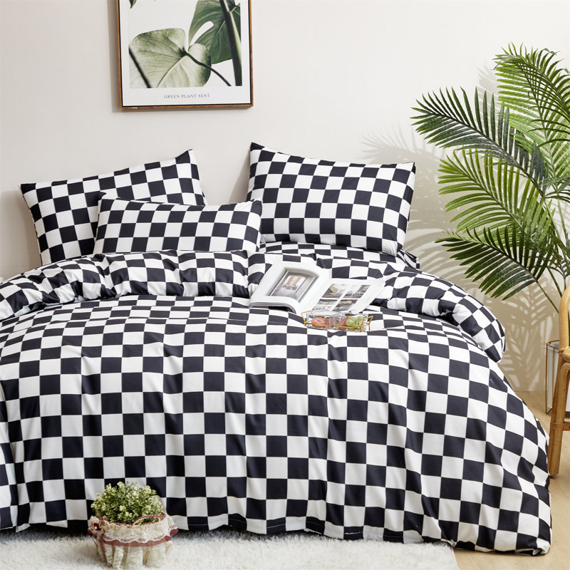 Grid Comforter Set Plaid Bedding Set 1 Checkered Comforter with Pillowcases, Black/White Grid