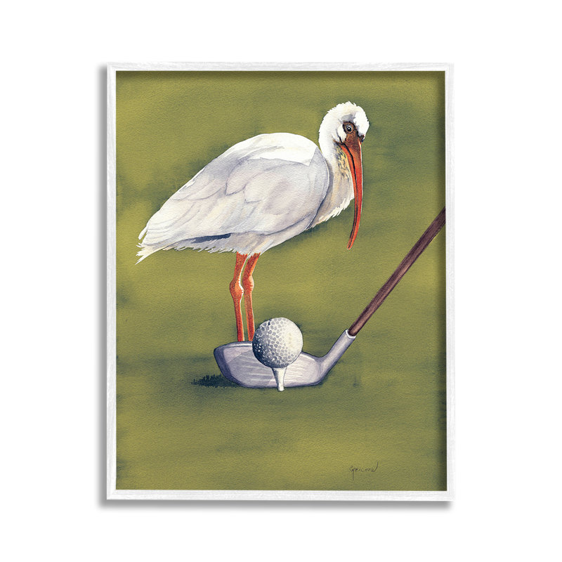 Oiseau avec club de golf, estampe numérique par Christine Reichow, Blanc, H 14 po x l 11 po