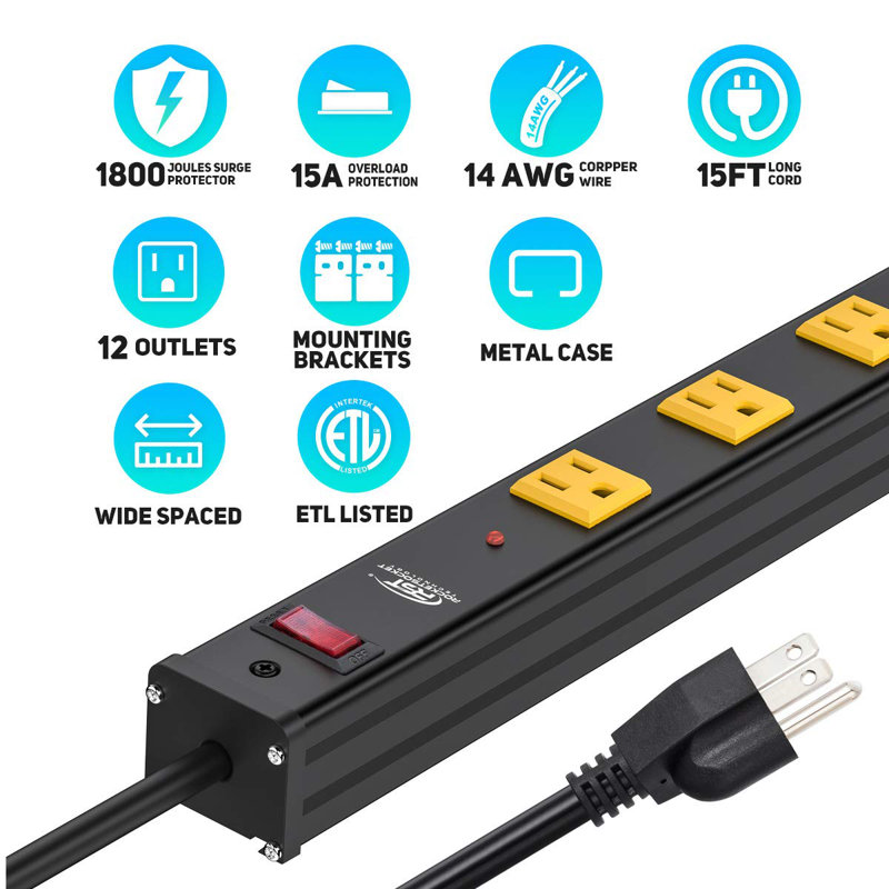CRST Heavy Duty Surge Protector Power Strip Wide Spaced 12-Outlet 15 Feet Long Extension Cord with Mounting Brackets 15A Circuit Breaker 1800 Joules