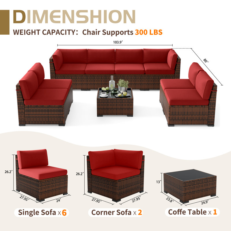 Ensemble de conversation modulaire en rotin pour 8 personnes avec coussins, Rouge, Non