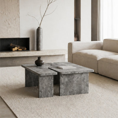 Modular Concrete Coffee Table Set of 2 – Nesting L-Shaped Puzzle Center Table, Faux Stone Look Square or Rectangular Cocktail Table with Slab Legs for Modern Industrial Living Room, Slate Gray