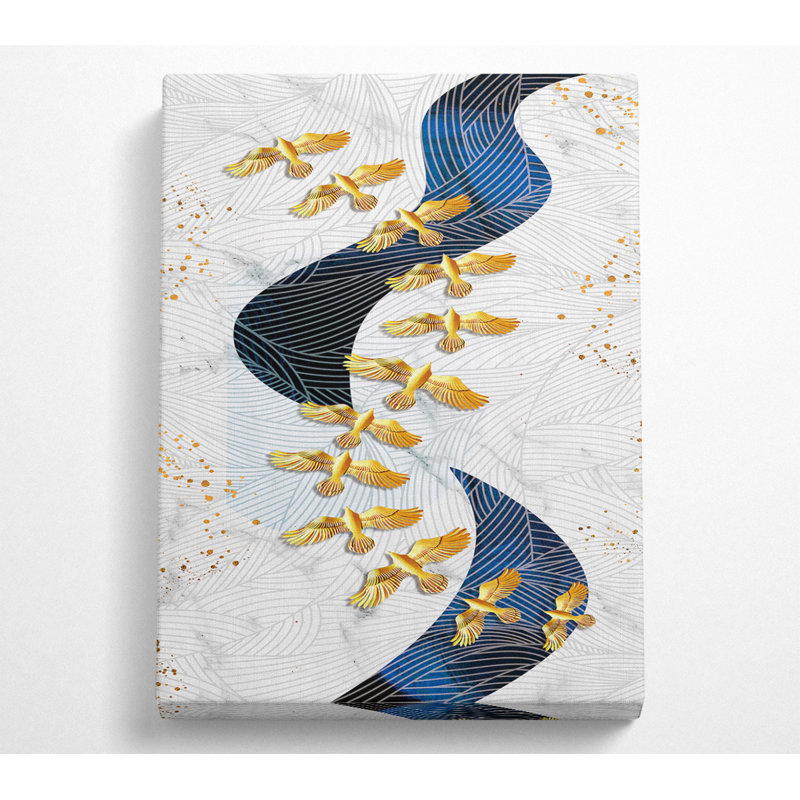 Gold Birds, Wavy Lines - No Frame Print on Canvas, 81.3cm H x 50.8cm W