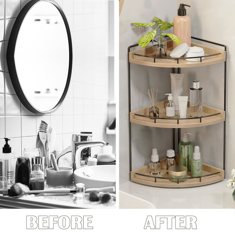 3 Tier Bathroom Counter Organizer, Bathroom Counter Tray And Vanity Organizer, Wood Corner Countertop Organizer For Bathroom