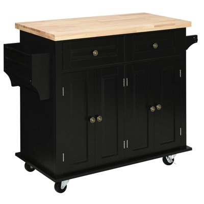 Mobile Kitchen Island With Black Exterior Finish, Includes Rubberwood Countertop, Spice Rack, Towel Rack And Cabinets