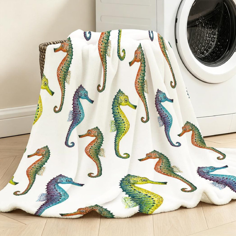 Jeté en flanelle bleue ultra douce, imprimé hippocampe blanc sur fond blanc, Throw 40" x 50"