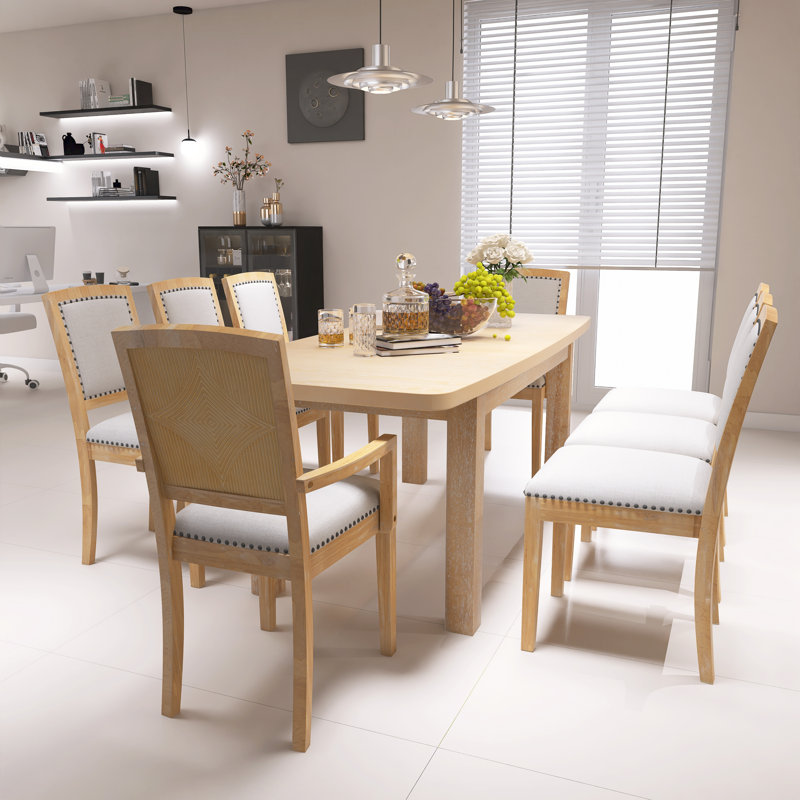 Ensemble de table de salle à manger extensible 9 pièces 84 po avec rallonge amovible de 24 po, ensemble de table en bois massif naturel avec 6 chaises sans accoudoirs rembourrées et 2 chaises rembourrées pour la salle à manger et le salon