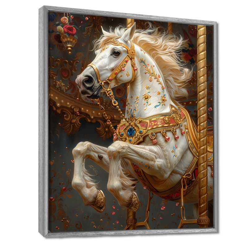 Carrousel doré doré et doré, H 44 po x l 34 po x P 1,5 po, Toile argentée avec cadre flottant
