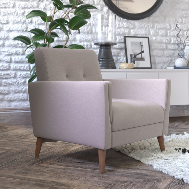 Chaise rembourrée Mid-Century avec pieds en bois, Faux lin beige
