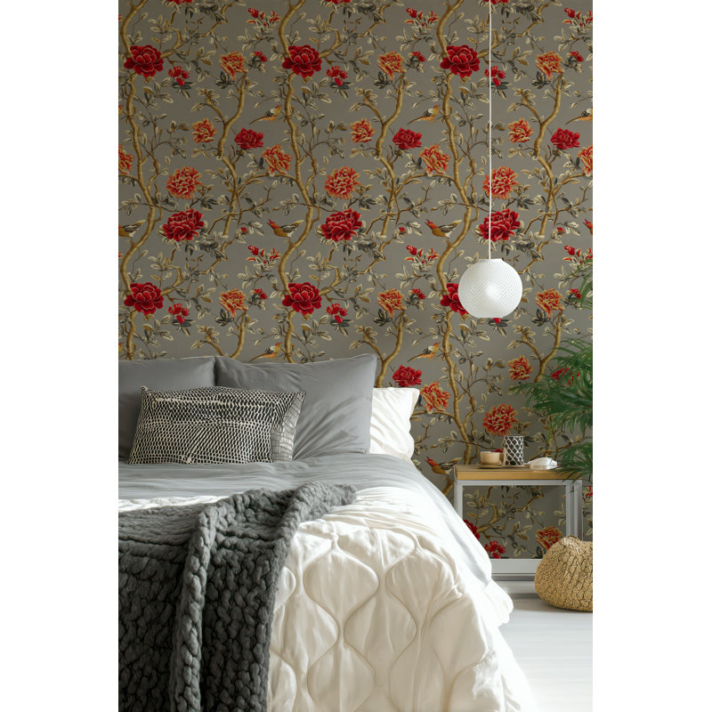 Papier peint botanique à motif de pivoines rouges chinoiserie