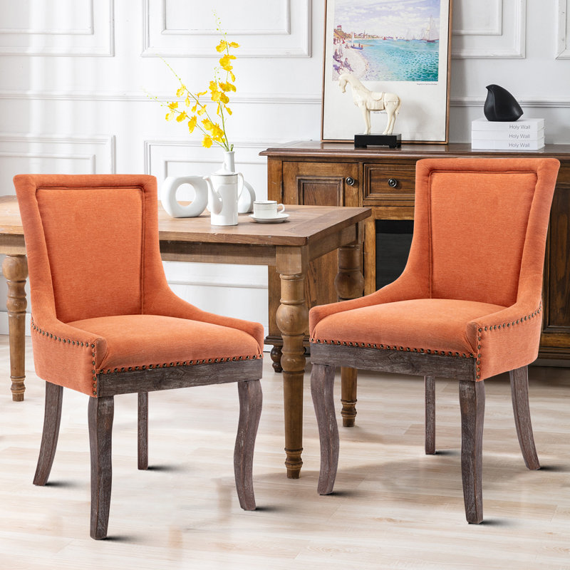 Byadbo Thickened Fabric Chairs With Solid Wood Legs And Bronze Nail Head, Orange
