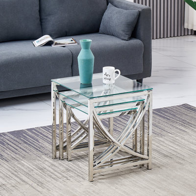 Stainless Steel Nest Of  Tables With Clear Tempered Glass Top Set Of 3 For Living Room(Curve)