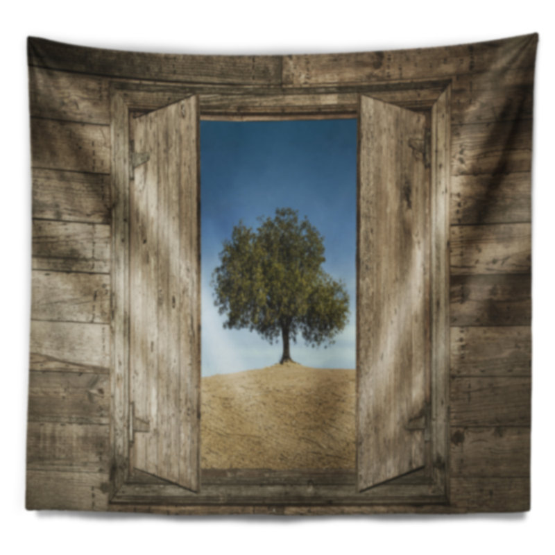 Fenêtre ouverte sur une tapisserie d'arbre solitaire, H 68 po x l 80 po