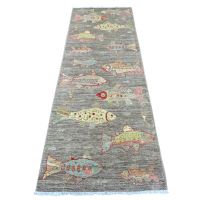 Tapis de couloir oriental oriental brun 2 pi 9 po x 8 pi avec motif de poissons océaniques colorés en laine douce et veloutée noué à la main