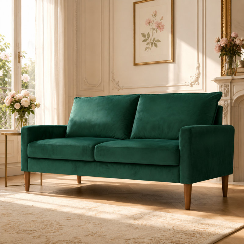 Canapé en velours 70 po Aura Modernist avec accoudoirs classiques, support à ressorts ensachés et pieds en bois chaud, Vert