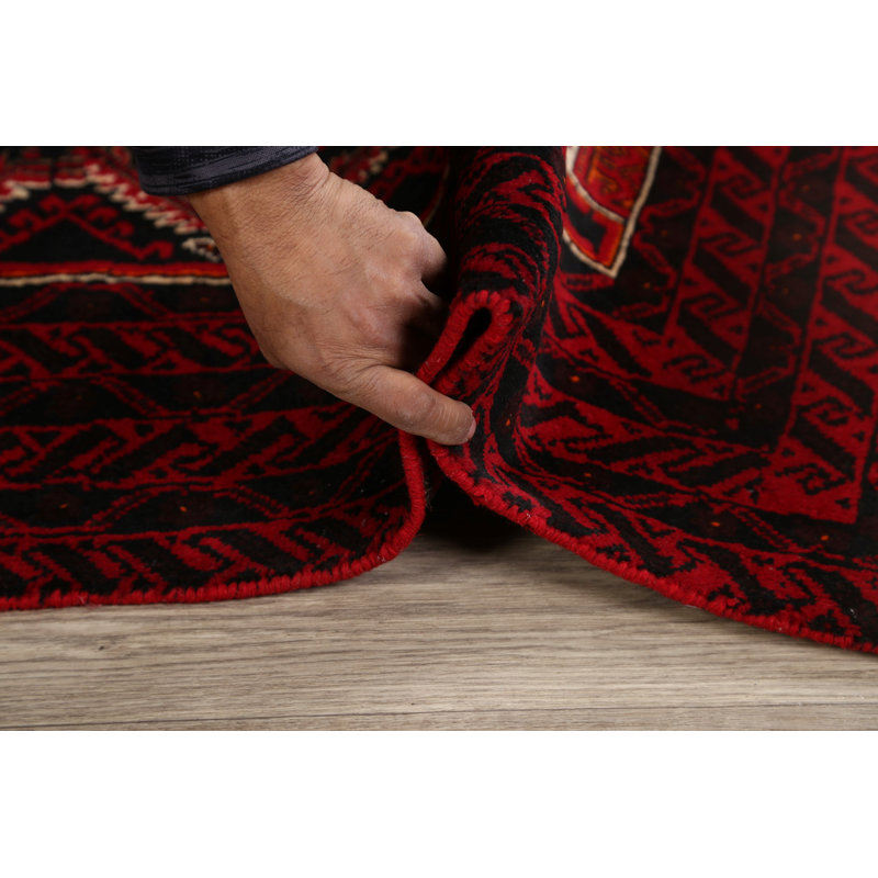 Tapis rouge en laine noué à la main de conception unique 3 pi 4 po x 6 pi Abida