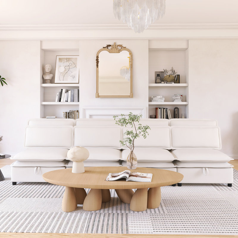 Double-Layer Cushion Modular Sofa, Freely Combinable, 4-Seater With Storage Function, Beige Polyester