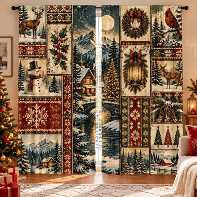 Lot de 2 rideaux en patchwork à motif de village d'hiver, scènes festives avec cerfs, bonhomme de neige, cardinal, chalets enneigés, sapins, charme rustique, tissu filtrant la lumière pour préserver l'intimité, conception à œillets, lavables à la machine, idéaux pour le salon, la chambre et la décoration de Noël