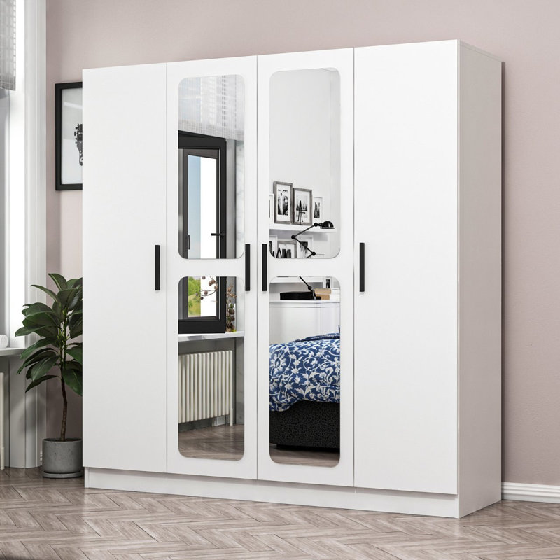 Armoire-penderie à miroir 4 portes avec 2 tiroirs, Blanc