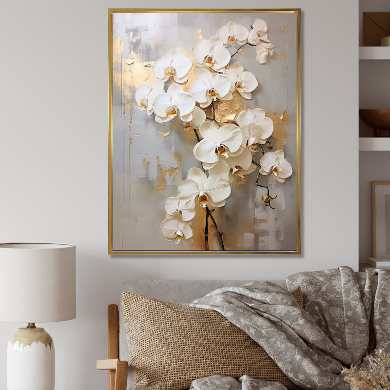 Minimalisme beige et orchidées dorées IV - impression sur toile encadrée orchidée, Cadre flottant doré
