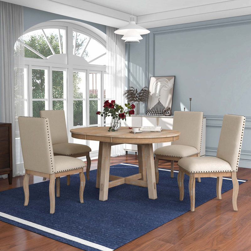 Ensemble de table de salle à manger 5 pièces Farmhouse, table de salle à manger extensible ronde en bois avec 4 chaises rembourrées