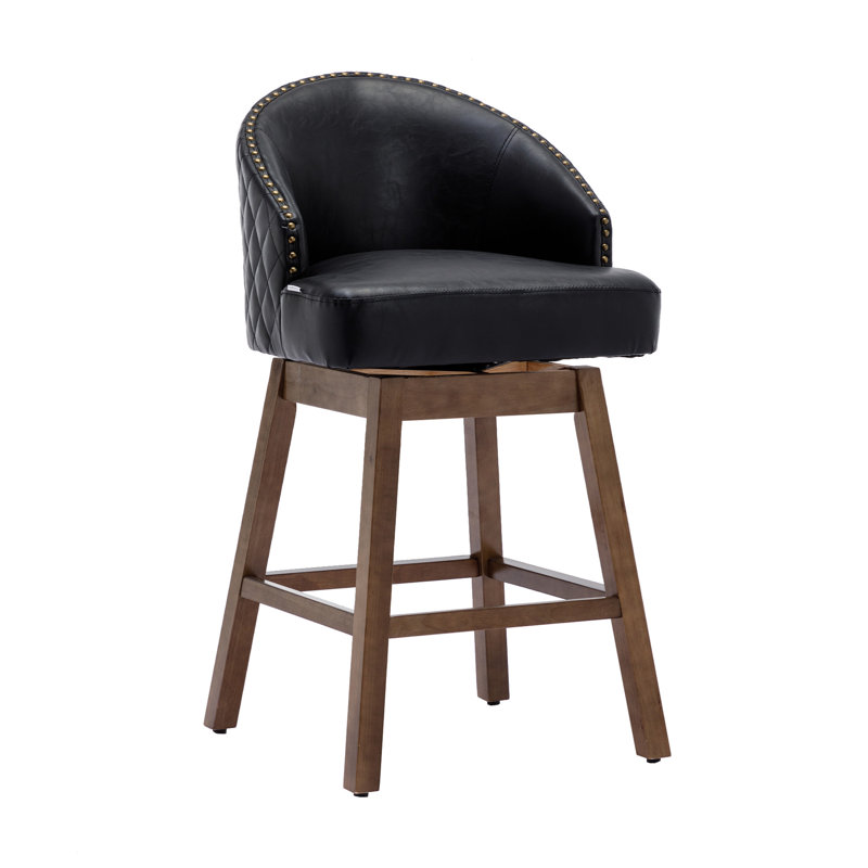 Tabouret de cuisine pivotant en cuir, hauteur du comptoir, pieds en bois, coussin confortable, rotation à 360°, mousse haute densité, dossier en losange, structure en bois massif.