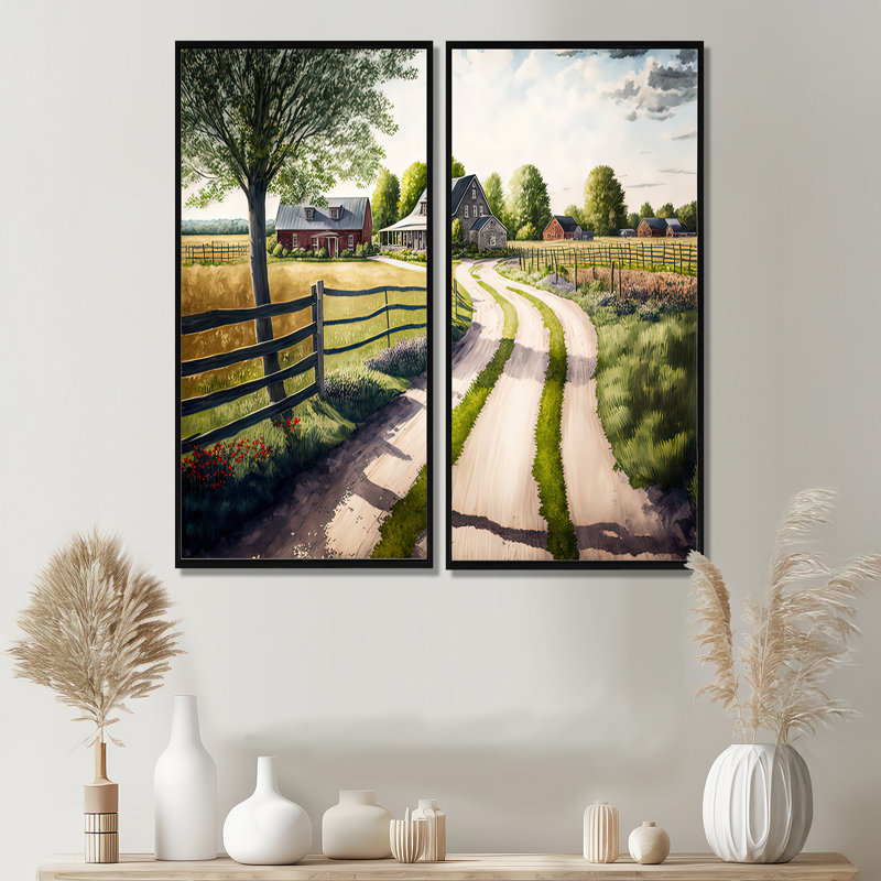 Calm Red Barn In Spring IV - Large Barn Landscape Art mural 2 pièces, 20" H x 24" W, Impression encadrée flottante, Black