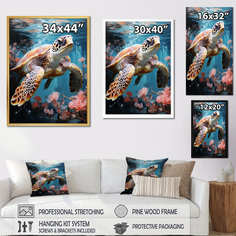Tortue de mer ludique - Tortue, art mural, salon, Cadre flottant noir, H 32 po x l 16 po