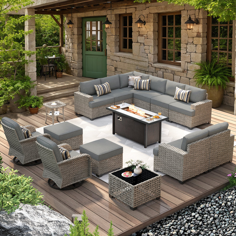 12 - Person Patio Furniture Set with Swivel Rockers, Outdoor Wicker Rattan Sectional Seating Group with Cushions, All Weather Sofa Conversation Set with Fire Pit Table for Garden Backyard