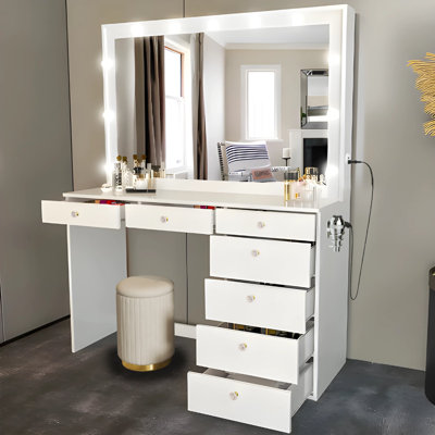 Boahaus Diana LARGE Lighted Vanity Makeup Desk, Big Vanity Mirror with Built-In Lights, Stool, 07 Drawers, C/USB Power Outlet -  Boahaus LLC, W.16.09-23-6105-11B-6207-07-1705-23