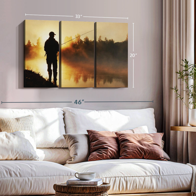 «Foggy Riverbank Fishing», 3 pièces sur toile, H 20 po x l 33 po x P 1,25 po