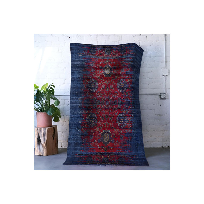 Tapis décoratif bleu traditionnel lavable à la machine, Tapis de couloir 4 pi 11 po x 9 pi 10 po inclus